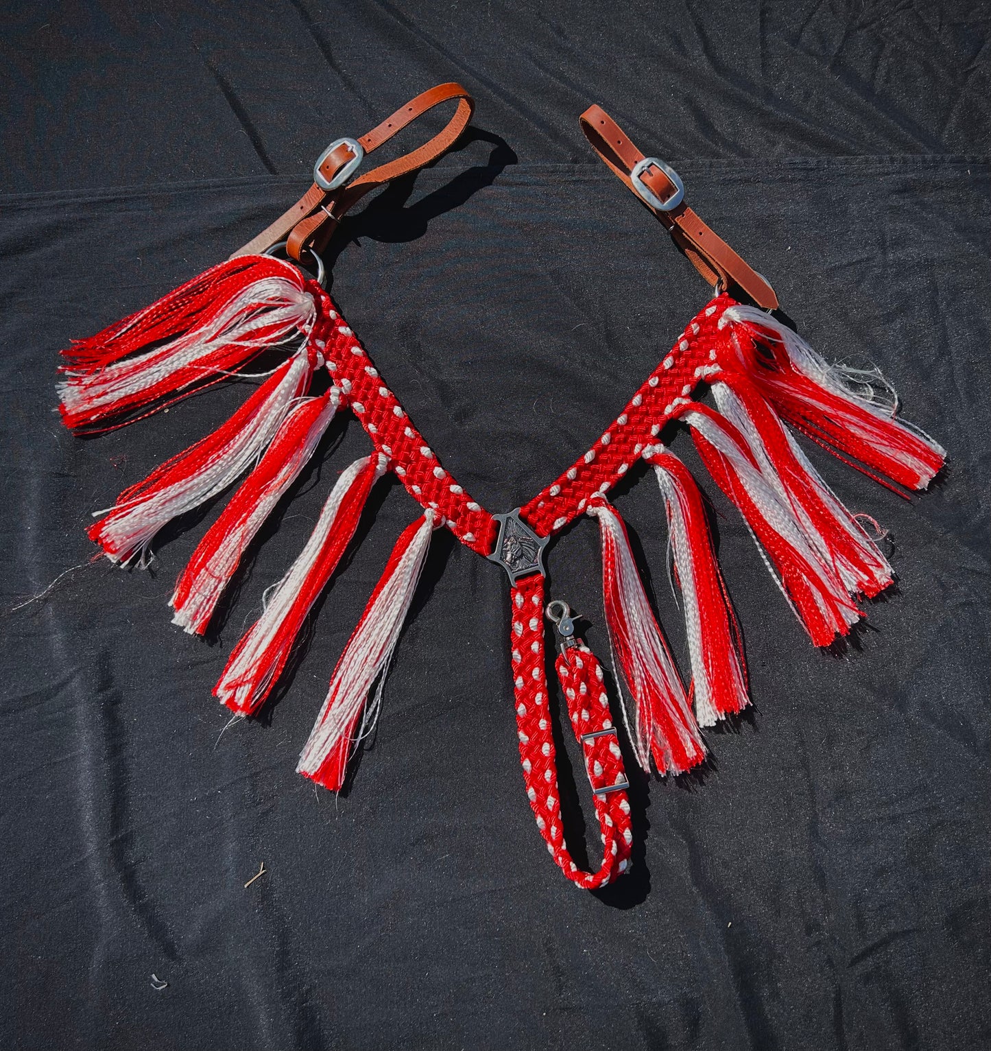 Red breast collar with white buck stitch